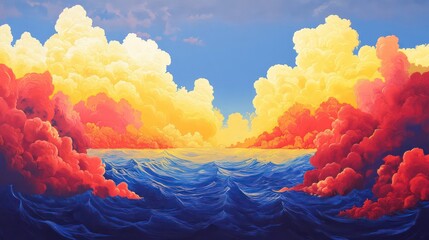 Wall Mural - Vibrant sunset over a dramatic ocean, painted with rich colors and textures, showcasing fluffy clouds and deep blue waves.