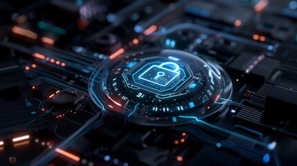 Poster - A conceptual cyber security image showing a transparent shield with a glowing lock symbol, floating among interconnected data lines and futuristic tech interfaces
