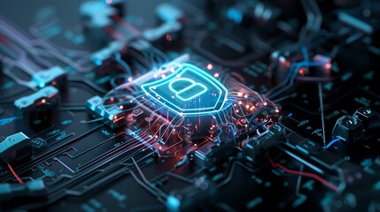 Poster - A conceptual cyber security image showing a transparent shield with a glowing lock symbol, floating among interconnected data lines and futuristic tech interfaces