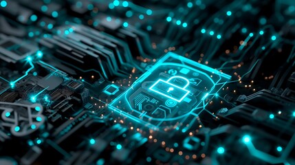 Poster - A conceptual cyber security image showing a transparent shield with a glowing lock symbol, floating among interconnected data lines and futuristic tech interfaces