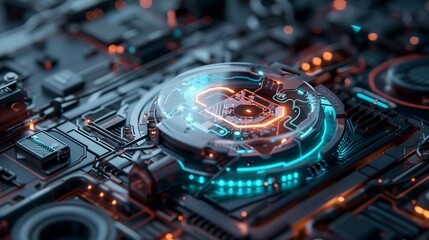 Poster - A conceptual cyber security image showing a transparent shield with a glowing lock symbol, floating among interconnected data lines and futuristic tech interfaces