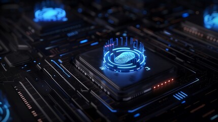 Poster - A digital cyber security background with abstract shield icons and biometric fingerprints glowing in electric blue, layers of encrypted binary codes flowing in the background