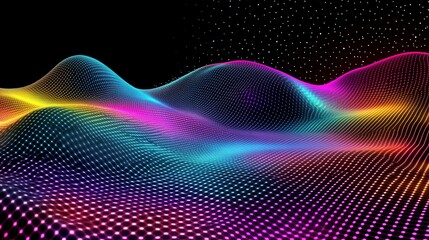 Poster - Colorful Abstract Landscape With Wavy Patterns and Glowing Dots Creating a Visually Stunning Digital Display at Nighttime