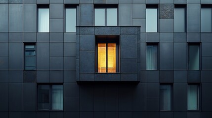 Sticker - Warm light glows invitingly from single window in dark modern building facade. AI Generated