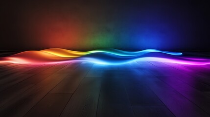 Poster - Colorful Waves of Light Gracefully Dance Across a Dark Floor Surface, Creating a Vibrant and Dynamic Atmosphere