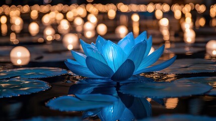 Poster - Illuminated blue lotus flower floating on water at night, surrounded by many lights.
