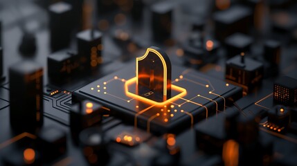 Poster - Digital shield icon glowing in a dark environment, representing data protection and secure network connections.