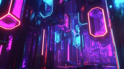 Poster - Neon-lit Abstract Landscape Featuring Glowing Hexagons and Vibrant Colors in a Futuristic Environment