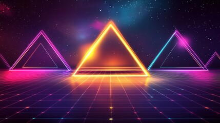 Poster - Vibrant Neon Pyramids Illuminated Against a Cosmic Backdrop in a Digital Landscape at Night