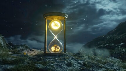 Poster - Hourglass with sun and moon inside, set against a mountain landscape at night.