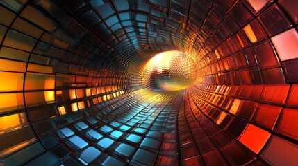 Poster - Vibrant Tunnel of Light and Color Showcasing a Dynamic Interplay of Reflections and Patterns