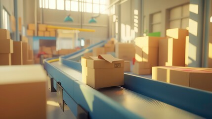 Poster - Cardboard boxes on conveyor belt in warehouse.
