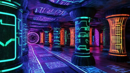 Poster - Futuristic Tunnel With Glowing Pillars and Vibrant Neon Designs in a Dark Setting