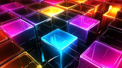 Poster - Colorful Glowing Cubes Create an Abstract Digital Landscape Featuring Vibrant Colors and Sharp Reflections in a Nocturnal Setting