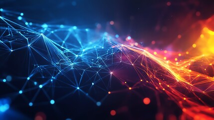 Poster - Vibrant Network of Interconnected Nodes and Lines Glowing in Blue and Orange Hues During a Digital Art Composition