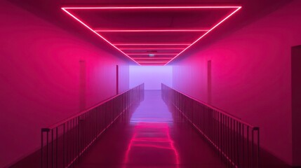 Poster - Pink neon lights illuminate a modern hallway with metal railings, creating a vibrant and futuristic atmosphere.