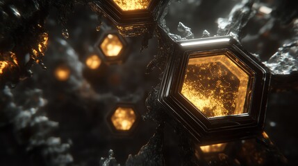 Poster - Intricate Hexagonal Structures Illuminate a Dark, Rocky Environment in a Captivating Display of Light and Texture