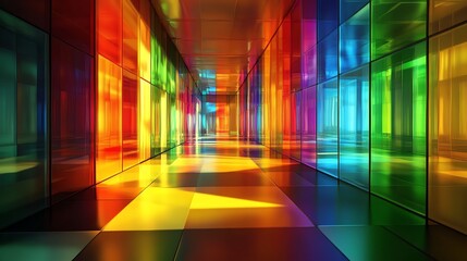 Poster - Colorful Hallway With Vibrant Reflections in a Contemporary Setting During Daytime