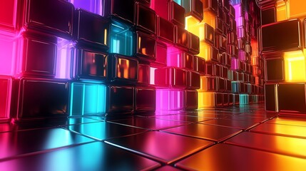 Poster - Vibrant Illuminated Cubes Form a Colorful Tunnel in a Futuristic Digital Landscape at Dusk