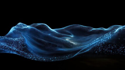 Poster - Abstract blue wave with particles on black background.