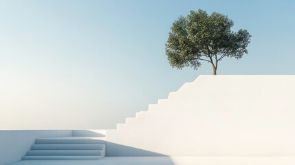 Aufkleber - Minimalist scene steps leading to a small tree atop a white platform against a pale sky.