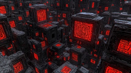 Abstract Digital Landscape with Glowing Red Cubes and Dark Background