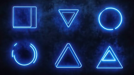 Poster - Glowing neon shapes; square, circle, triangle; blue light; dark background; abstract design.