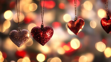 Poster - Glittery heart ornaments hang against a bokeh background of warm lights.