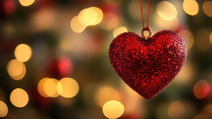 Poster - Red heart-shaped Christmas ornament hanging against a bokeh background of lights.