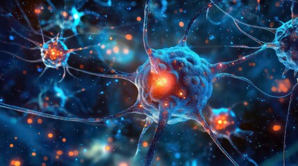 Aufkleber - Microscopic view of neurons, synapses firing, neural network, brain cells, detailed 3D rendering.