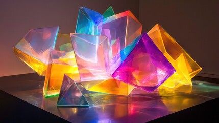 Poster - Vibrant, multicolored, translucent geometric shapes illuminated on a reflective surface.