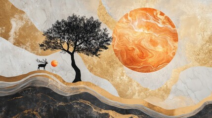 Poster - Abstract art depicting a deer, tree, and large orange sun against a marble and gold background.