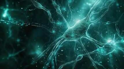 Poster - Microscopic view of a neuron cell with its intricate network of dendrites and axons, glowing teal against a dark background.