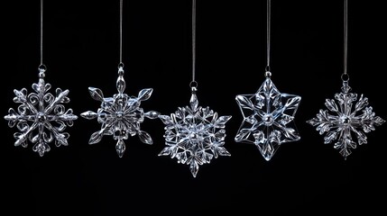 Poster - Five unique crystal snowflake ornaments hanging against a black background.