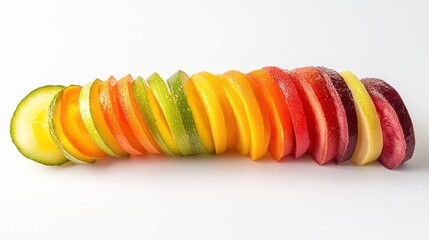 Poster - Rainbow of vibrant fruit and vegetable slices arranged in a row on white background.