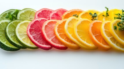 Poster - Colorful citrus fruit slices arranged in a row on white background.