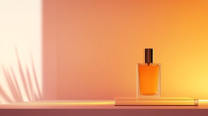 Wall Mural - Elegant perfume bottle on a minimalist shelf, bathed in warm orange light with soft shadows