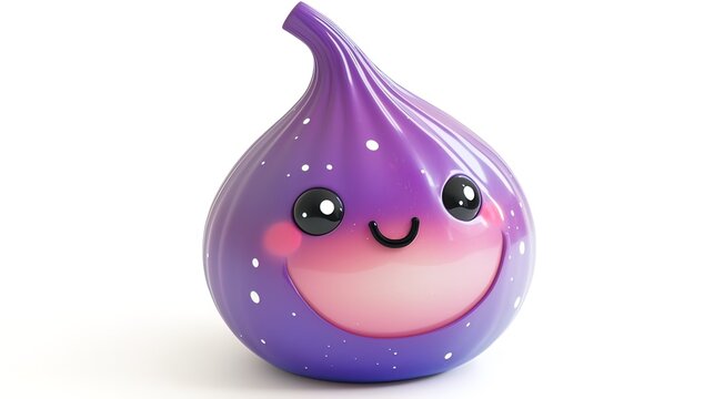 Cute cartoon fig with happy expression, purple and pink gradient, white background.