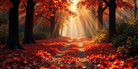 Wall Mural - Autumnal Pathway Sunbeams Illuminate a Carpet of Crimson Leaves on a Rustic Road Through a Majestic Forest of Tall Trees