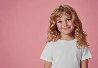 Wall Mural - A young girl with blonde hair and blue eyes smiles warmly, standing against a soft pink background. Her joyful expression and the pastel setting create a cheerful and inviting portrait.