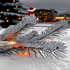 Poster - Frosty Pine Branch with Lights  Winter Holiday Background  Snowy Christmas Scene