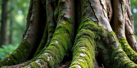 Lush green moss envelops the gnarled, textured bark of ancient tree roots in a serene woodland setting