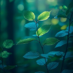 Wall Mural - A close-up view of vibrant green leaves glistening in soft sunlight, creating a serene atmosphere in a lush forest, emphasizing the beauty of nature.