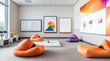 Poster - A creative workspace with bean bags, whiteboards, and colorful modern art on the walls