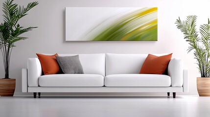 Sticker - Modern living room featuring a white sofa with orange pillows and abstract wall art, surrounded by greenery