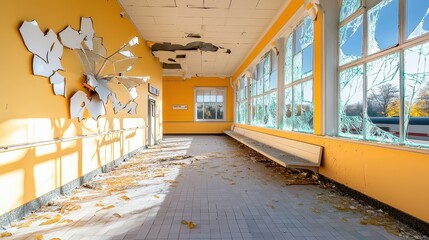 Poster - A forgotten railway station with peeling paint and shattered glass