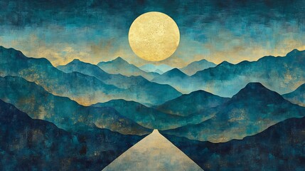 Wall Mural - Serene Moonlight Illuminates Misty Blue Mountains. AI Generated