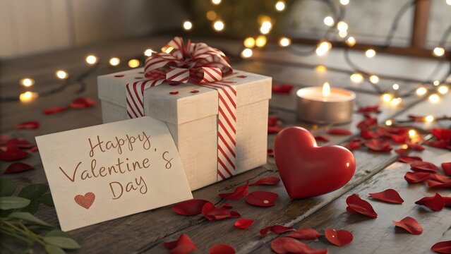 A beautifully wrapped gift box with red and white ribbons, placed on a table surrounded by rose petals. A handwritten 'Happy Valentine’s Day' card