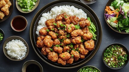 A high-angle shot of a platter of Karaage surrounded by various side dishes, including steamed rice, miso soup, and a small bowl of dipping sauce