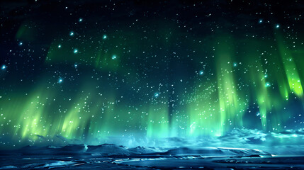 Aurora borealis above mountains in fog at night. Northern lights. Sky with stars with polar lights and high rocks. Beautiful landscape with aurora, city lights in low clouds, mountain ridge. Space